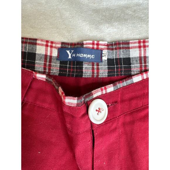 YH HOMME Red Pants 30x30 Button & Plaid Detail Straight Fit Trousers - Picture 5 of 7